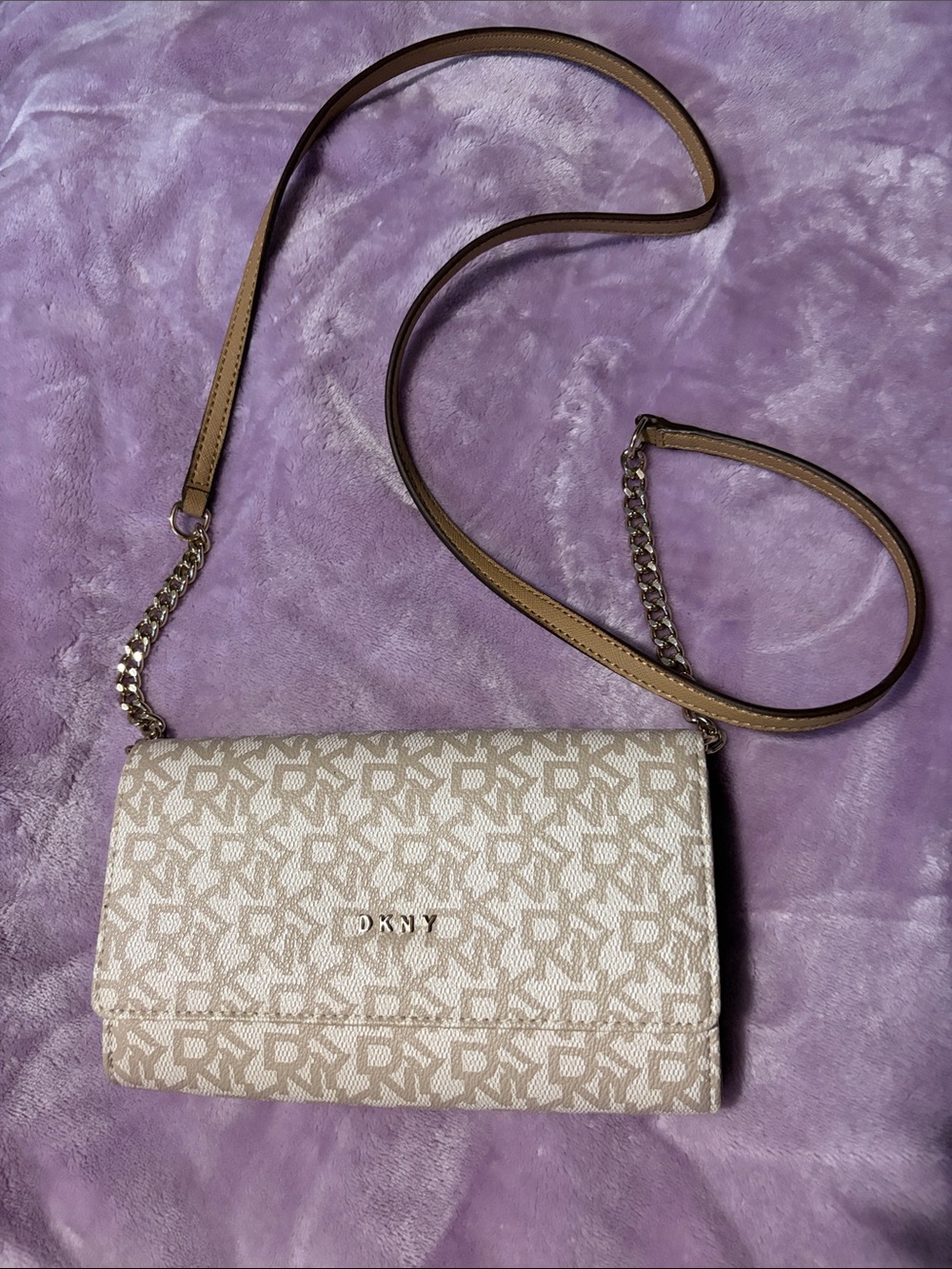 DKNY Beige Monogram Crossbody Bag with Chain Strap